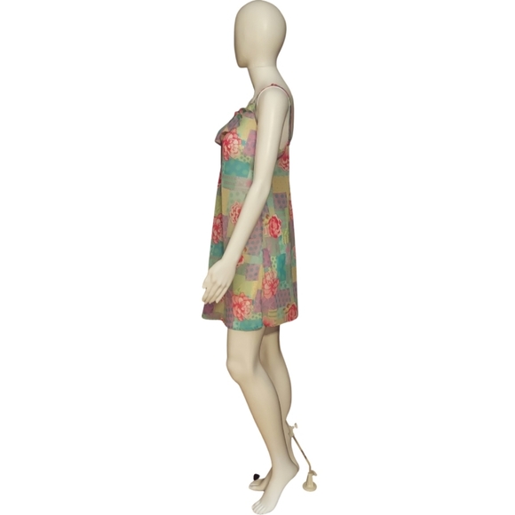 Vintage Y2K Natori Pastel Floral Patchwork Chiffon Ruffle Slip Dress - Picture 4 of 14